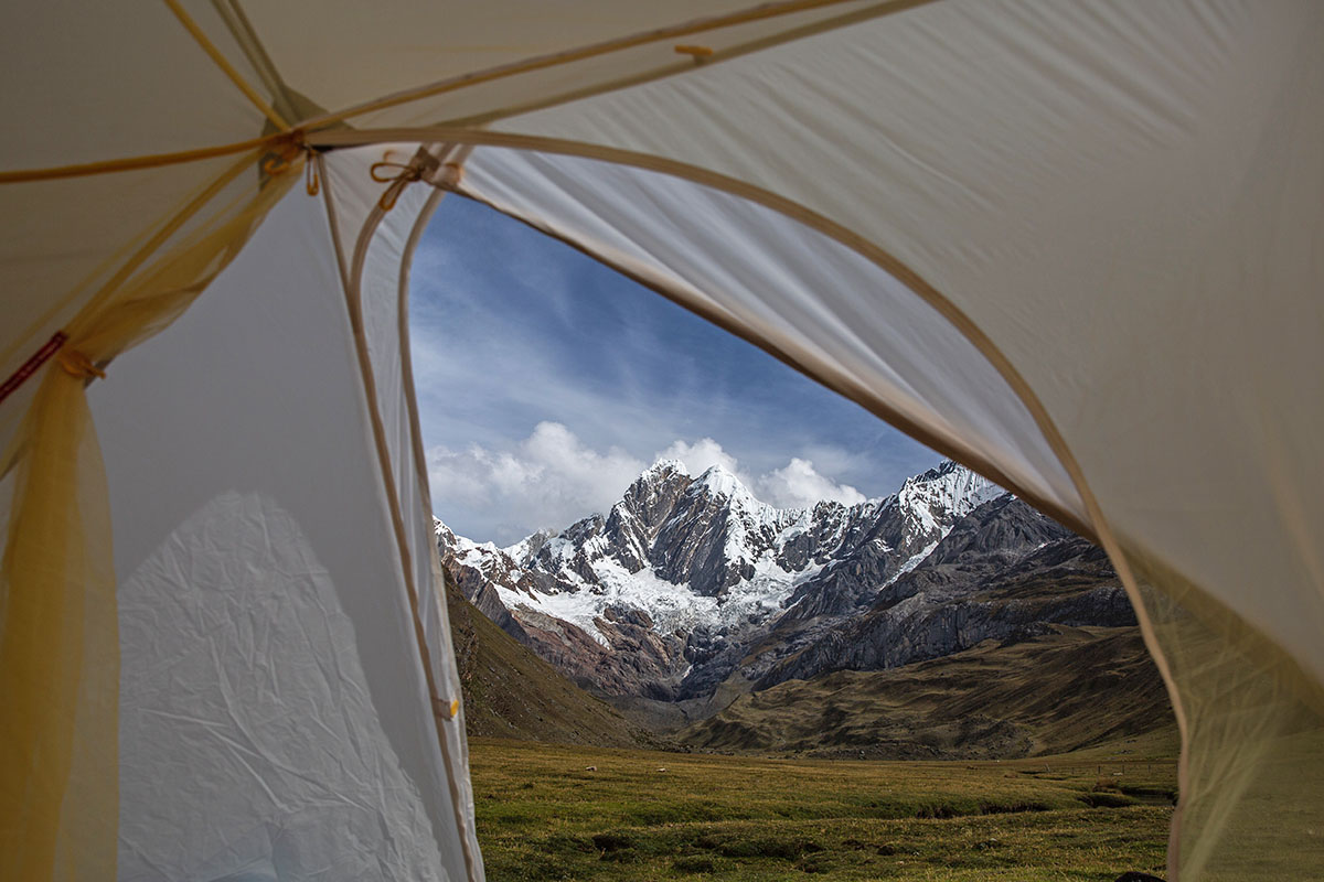 Big Agnes Tiger Wall UL3 mtnGLO Solution Dye tent (looking at mountains through door)